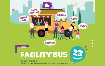 un bus jaune dans un champ avec des personnages autours qui disent dans des bulles: Santé mentale, aidants, jeunes, handicap, santé, grand âge