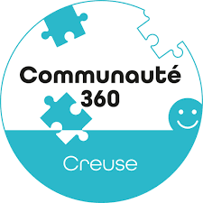 logo de ka communauté 360 de la creuse: un cercle bleu avec des morceaux de puzzle et un smiley