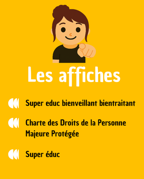 Personnage feminin qui montre du doigt avec un sourire. Le titre Les affiches.