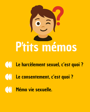 Personnage féminin avec un clin d'œil et le sourire. Au dessus de sa tête un point d'interrogation au dessus en rouge: Le titre: P'tits mémos
