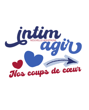 logo Intimagir Nouvelle Aquitaine avec dessous des coeurs rouge et bleu et une fléche qui indique la droite. Dessous 