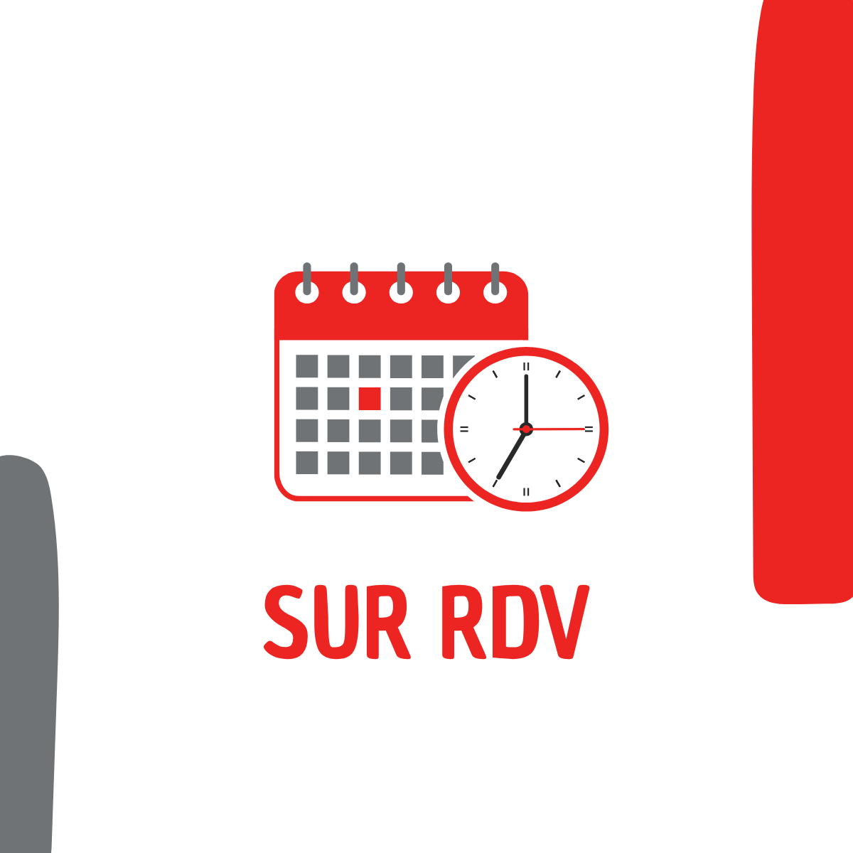 calendrier et horloge en dessin en rouge et gris<br />
dessous le texte: SUR RDV