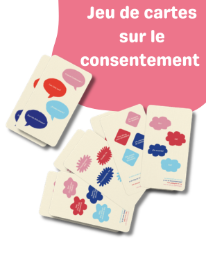 Plusieurs cartes du jeu sur le consentement étalées sous le titre 