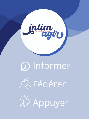 les 3 axes intimagir logo intimagir dans un cercle avec dessous inscrit les 3 axes: Informer-fédérer-appuyer.